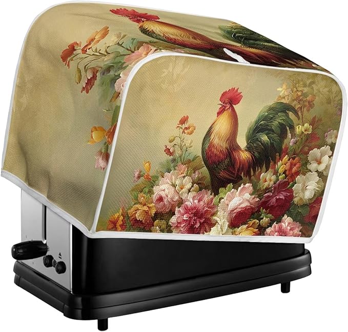 UNICEU Rooster Floral Print Toaster Cover 4 Slice Small Kitchen Appliance Covers Bread Machine Protection with Top Hook