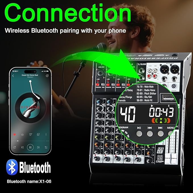 Audio Mixer 6 Channel Professional Sound Mixer Console with 99 DSP Effects, Mixing Board DJ Mixer w/USB, Bluetooth, 48V Power Supply, PAD Button for Recording Karaoke PA Drum Live Music