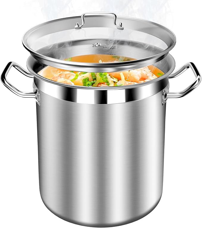 Stainless Steel 24 Quart Stockpot with Tempered Glass Lid, 3-Ply Base, 6 Gallon, Polished Finish, Suitable for Stovetop and Oven, Dishwasher Safe