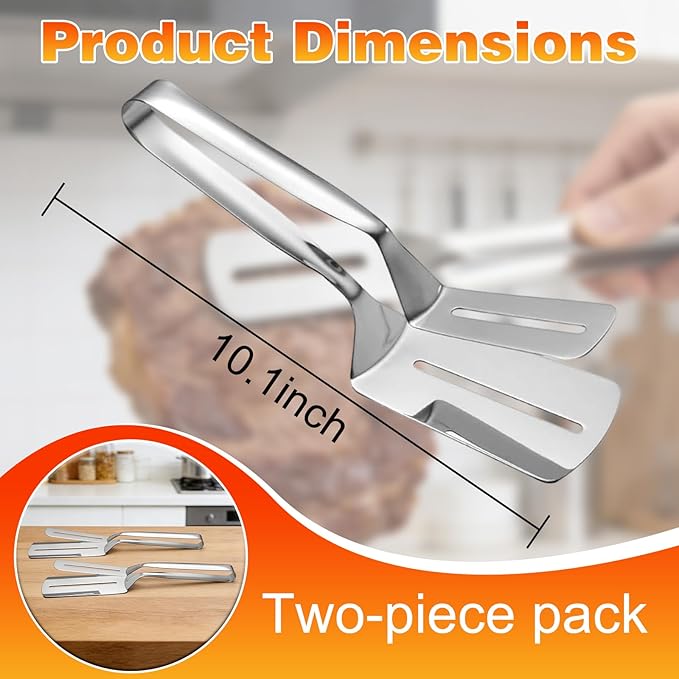 2Pcs Double-Sided Stainless Steel Grill Clamp Spatula, All-Purpose Shovel Clip, Upgrades Anti-Scald Extended Handle Spatula Tongs, for Grilling Meat, Fish and Pancakes with Non-Slip Grip