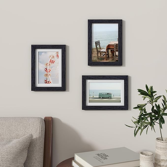 Fun Memories 5x7 Picture Frame, Solid Oak Wood 5 x 7 Frame with Plexiglass, 5 by 7 Photo Frame for Wall & Tabletop Display, 5x7 Picture Frame Matted to 4x6, Black Color, 3 Pack