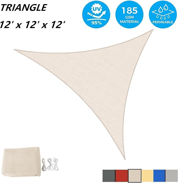 AsterOutdoor Sun Shade Sail Triangle 12' x 12' x 12' UV Block Canopy for Patio Backyard Lawn Garden Outdoor Activities, Cream