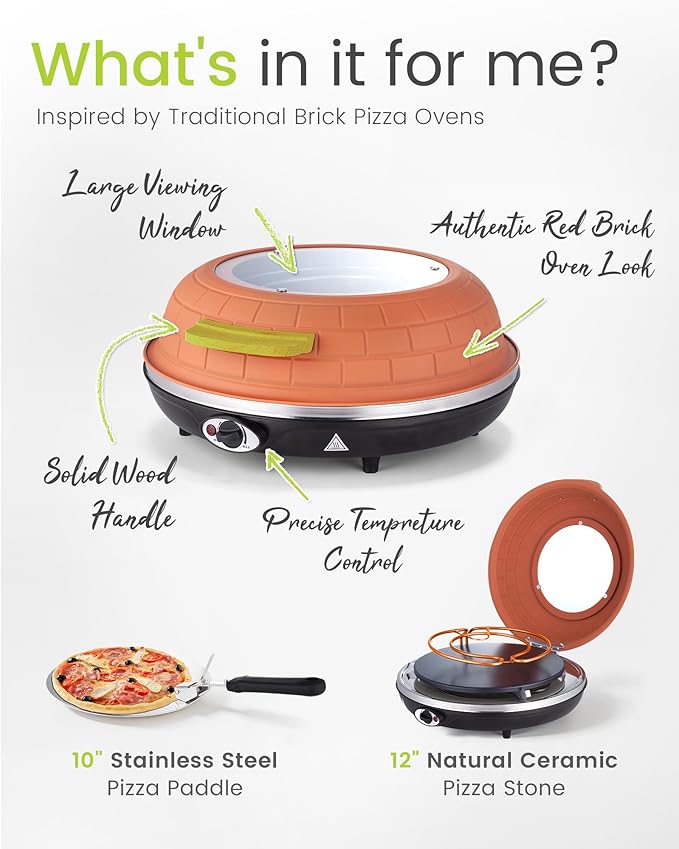Electric Pizza Oven - 12-Inch Indoor Pizza Ovens Countertop - 1200W Pizza Maker Heats up to 800˚F by Ceramic Stone, Temperature Control, Viewing Window, PM-05