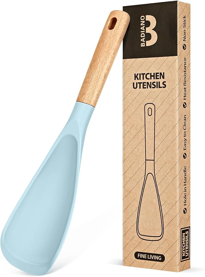 Cooking Spoon for Nonstick Cookwares, Great for Cooking and Serving Sturdy BPA-Free Matte Silicone, Wood Handle Spoon for Mixing, Scoop, and Scrape (BLUE, 11.4 inch)