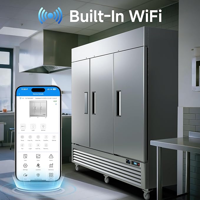 VEECOOL Commercial Upright Freezer WiFi-Enabled, 82" Solid Door Stainless Steel Reach in Freezer with 12 Shelves, Bottom Mounted, Auto Defrost, LED Lighting, Digital Control, ETL&ETL Sanitation