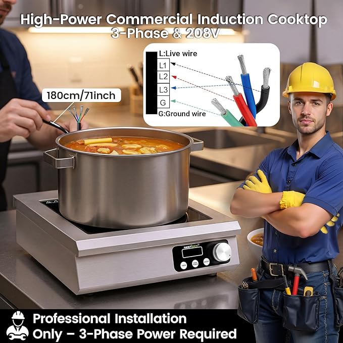 5000W Commercial Induction Cooktop, NESTIQEX 208V 3-Phase Large Induction Burner with 20 Power & Temp Levels, 9.25" Large Coil, 24h Timer, Pro Electric Countertop Burners for Restaurant