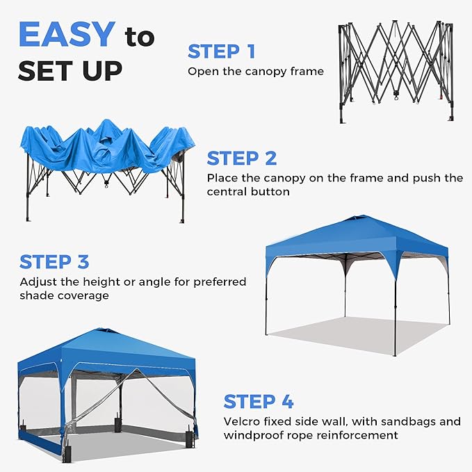 Saemoza 12x12 Pop Up Canopy Tent with One Push Setup, Outdoor Sun Shade Canopy for Backyard Party, Easy Up Instant Shelter with 4 PVC Transparent Sidewalls, 4-Sandbags & Wheel Bag, Blue.
