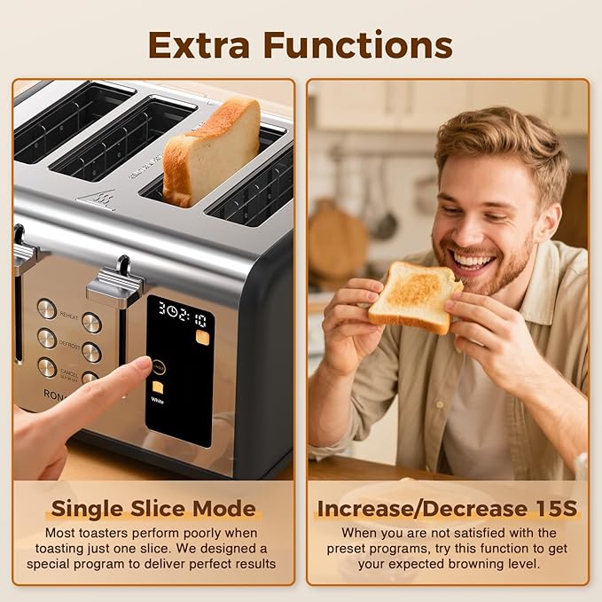 4 Slice Touch Screen Toaster, Easy-to-Use Digital Stainless Steel Toaster with Wide Slots, Reheat Defrost Cancel, Removable Crumb Tray, Matte Black