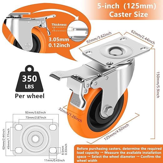 Caster Wheels, 5" Casters Set of 4 Heavy Duty - Dual Pedal Locking Casters with ON/Off Tabs (Easier to Operate), Swivel Plate Caster, No Marks Castor Wheels for Carts Furniture and Workbench