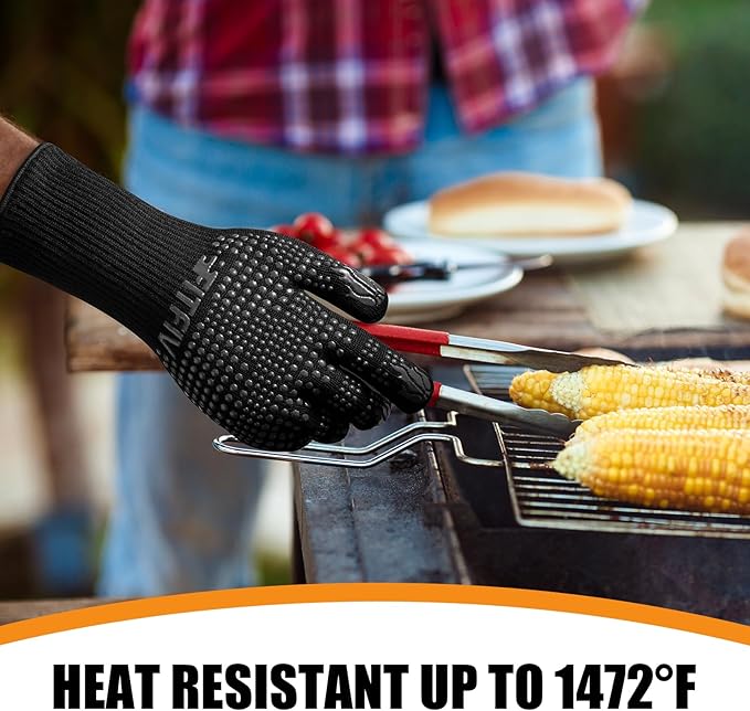 BBQ Gloves, Oven Gloves, 1472°F Extreme Heat Resistant Barbecue Gloves, Silicone Non-Slip Oven Mitts, Kitchen for Cooking, Grilling, and Baking (Black)