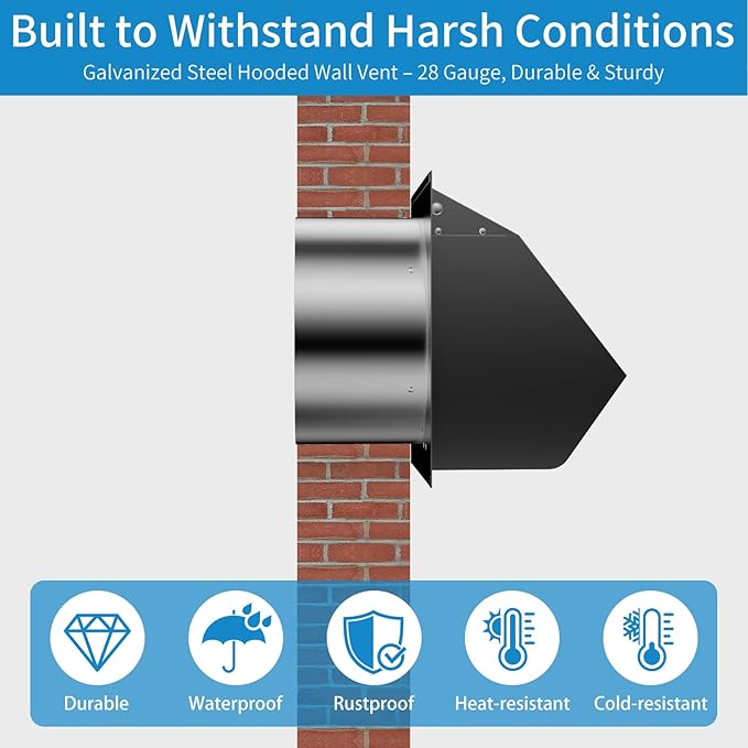 6 Inch Hooded Wall Vent with Screen and Damper,Wall Exhaust Vent Cover Cap,Dryer Vent Cover Outside,External Extractor Wall Vent Hood for House Kitchen Range Hood Air Ventilation Black