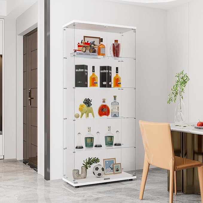 Yoluckea 5 Shelves Glass Display Cabinet with 2 Doors, Floor Standing Clear Glass Curio Cabinet Collection Display Case for Living Room Bedroom 73.82” x 31.69” x 14.37” White