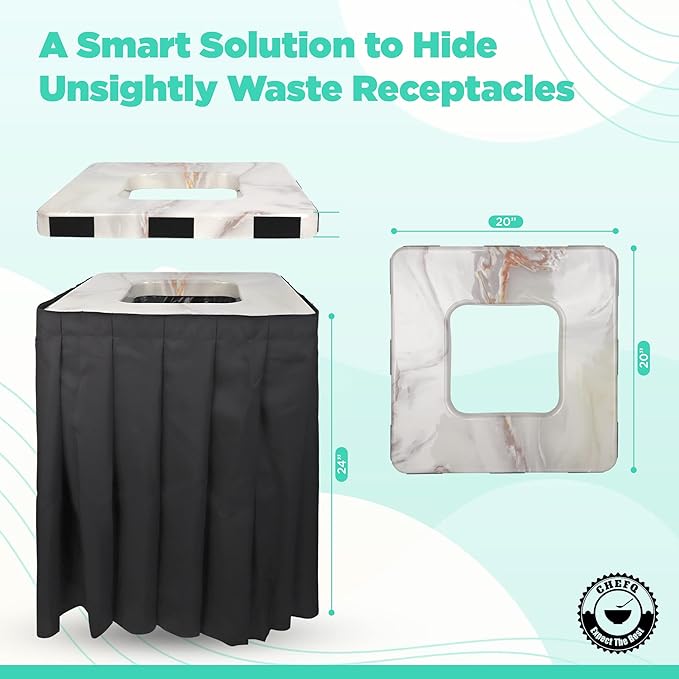 Marble Design Square Garbage Can Cover - Solid Pleated Skirt Topper for 32-35 Gallon Indoor Trash Bins - Black Skirt