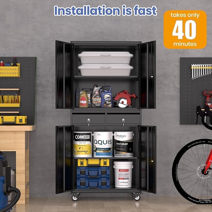 GarveeHome 73'' Metal Storage Cabinet, Heavy Duty Garage Storage with Wheels, Locking Doors and 2 Drawers, Adjustable Shelves, Black