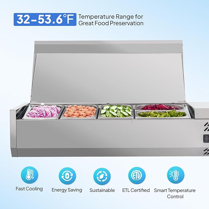 ROVSUN 47" Refrigerated Condiment Prep Station Sandwich Prep Table ETL NSF, 25.1QT Salad Bar Prep Rail w/Auto Defrost Temp Control Stainless Steel Cover 3 1/3 Pan & 2 1/4 Pan for Restaurant Food Truck
