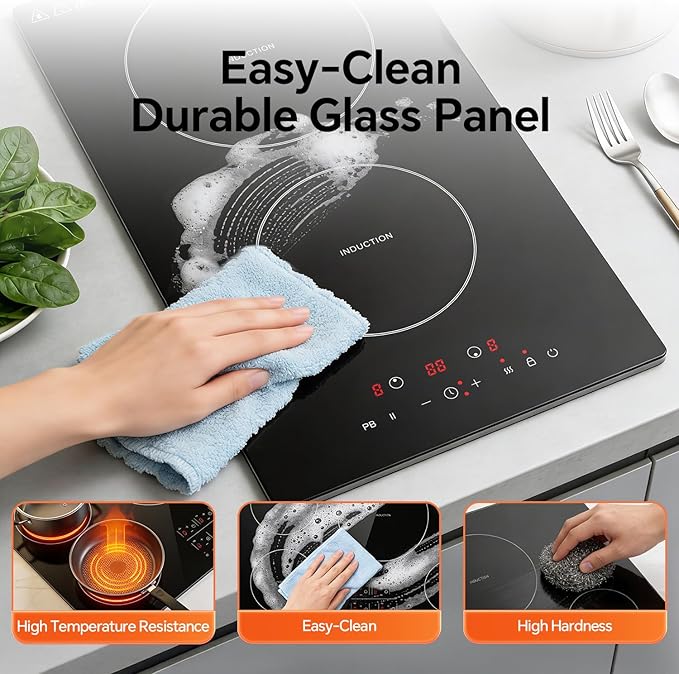 Ranein Induction Cooktop 12 Inch, Build-in 2 Burners Electric Stove Top, 9 Power Settings, Max 1800W, Sensor-Control Induction Hob with Multiple Safety Protections, Compatible with Magnetic Cookers