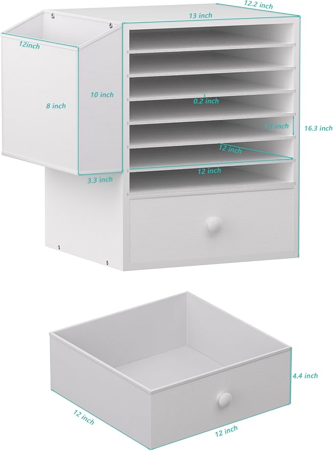 Wooden 12X12 Scrapbook Paper Organizer,7 Tier Adjustable Desktop File sorter with drawer,Craft&Stamp Cardstock Storage with Side Pocket&Name Slots for classroom,home offce，White