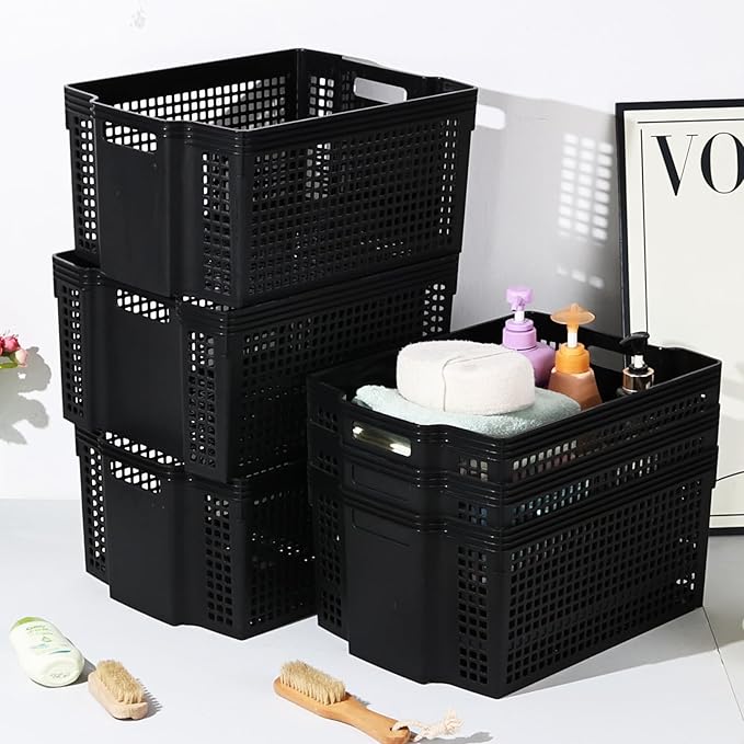 6-Pack Plastic Stackable Baskets, Stacking Plastic Storage Basket, Black