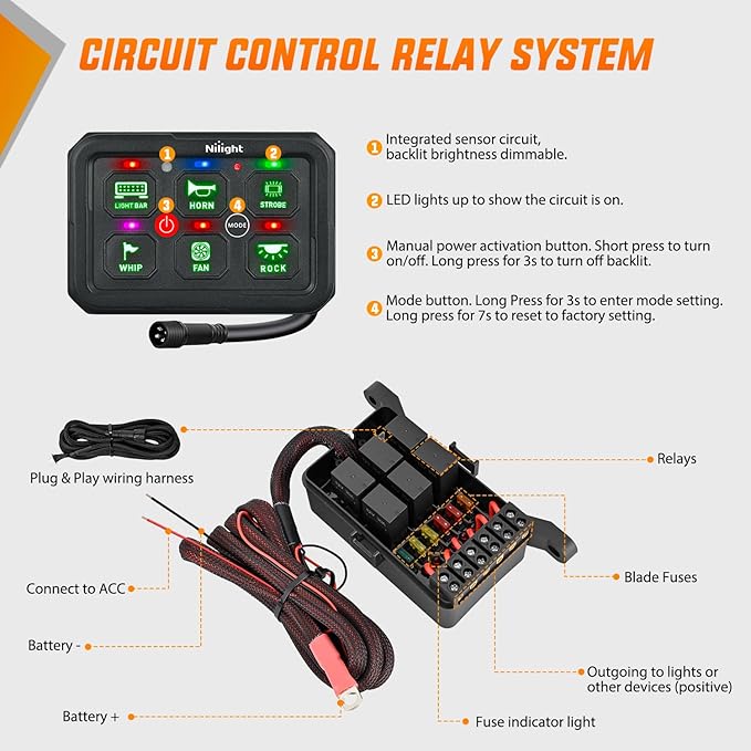 Nilight 6 Gang Switch Panel Green Circuit Control Relay System with Fuse Wiring Harness Toggle Momentary Strobe Flash Modes Automatic Dimmable ON Off Pod 12V 24V for Car Truck Camper SUV
