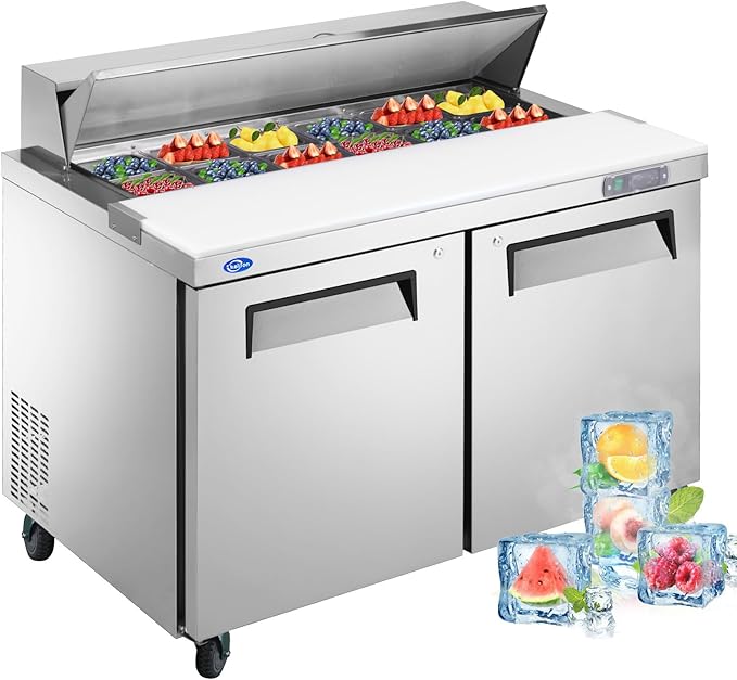 48" W 2 Door Refrigerator Sandwich Salad Prep Table Commercial Stainless Steel Fan Cooling Refrigerator with Cutting Board, 2 Shelves & 12 Pans for Restaurant, Bar, Shop-12.9 Cu.ft