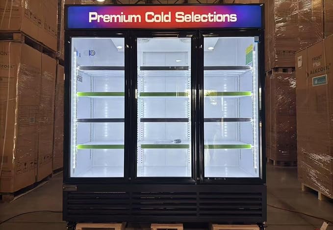 Commercial Refrigerator Display Fridge,63.5 Cu Ft Thre，Glass Door Merchandiser Drink Cooler with LED Light Adjustable Shelves,ETL Sanitation,Black,Wheels Not Includede
