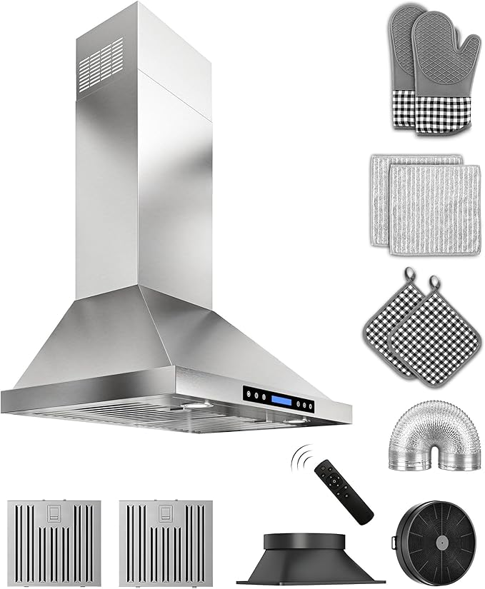 30 inch Stainless Steel Wall Mount Range Hood - 900 CFM, Ultra-Quiet 4-Speed Vent, Touch/Remote Control LCD, LED Lights, Ducted/Ductless Convertible