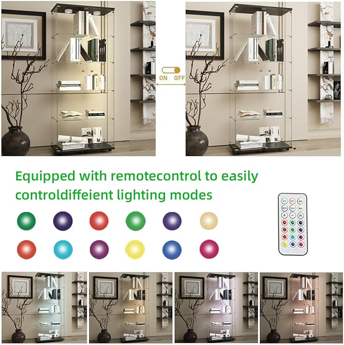 Glass Display Cabinet with LED, 5 Shelves with 2 Doors, Curio Storage Cabinets with Lock for Living Room, Office, Floor Standing Glass Bookshelf, Quick Installation - Black