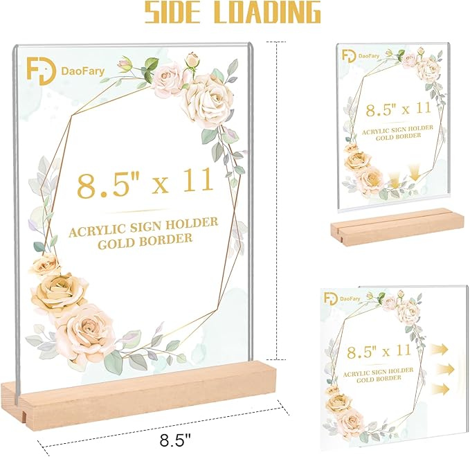Daofary 6 Pack Acrylic Sign Holder 8.5 x 11, L/T Shape Double Sided wood Picture Frame Stand up Table Top Sign Holders, Clear Display Stand Menu Flyer Holder for Wedding Party (Provide Non slip Mats)