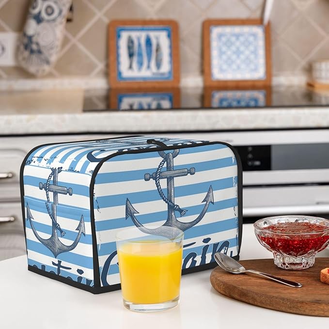 Toaster Cover 2 Slice with Pockets, Nautical Anchor Blue White Geometric Strip Kitchen Accessories Decor Bread Maker Oven Protector Covers Dust Proof Fingerprint Covers