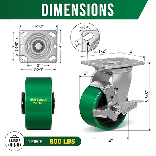 4 Inch Caster Wheels Heavy Duty, Polyurethane Industrial Casters Set of 4 Load 3200lbs, Plate Caster for Carts, Dollies, Racks, Industrial Equipment(2 Brake & 2 Rigid)