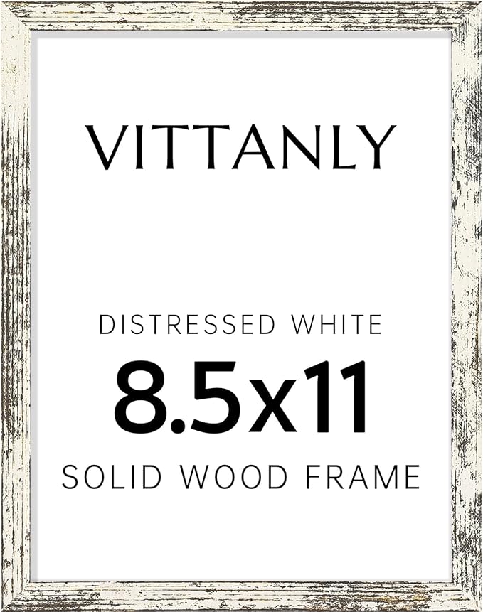 Vittanly 8.5x11 Picture Frame, Solid Wood Frame with Plexiglass, Includes 6x8 Mat, Wall Hanging or Tabletop for Photos, Home Decor, Distressed White, 1 Pack