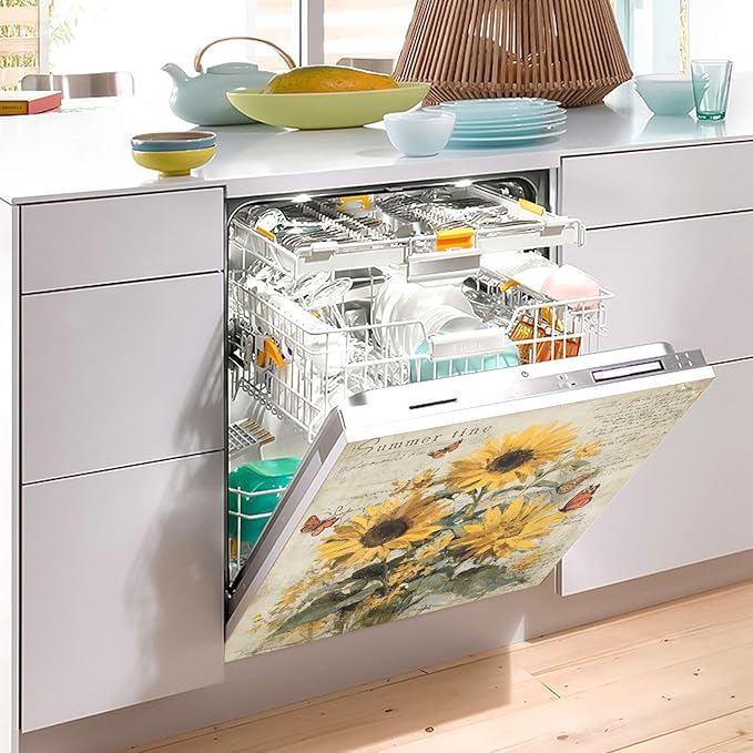 Fall Sunflowers Gray Dishwasher Magnet Cover Front Door Magnetic Dishwasher Cover Decorative Refrigerator Magnet Covers Dishwashers Magnetic Sticker for Kitchen Home Decor, 23" x 26"