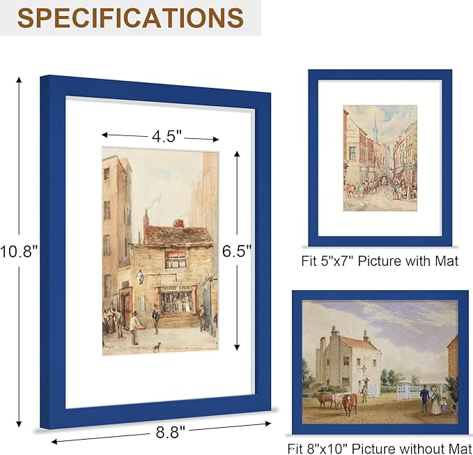 Vittanly 8x10 Picture Frame, Solid Wood Frame with Plexiglass, Includes 5x7 Mat, Wall Hanging or Tabletop for Home Decor, Royal Blue, 1 Pack