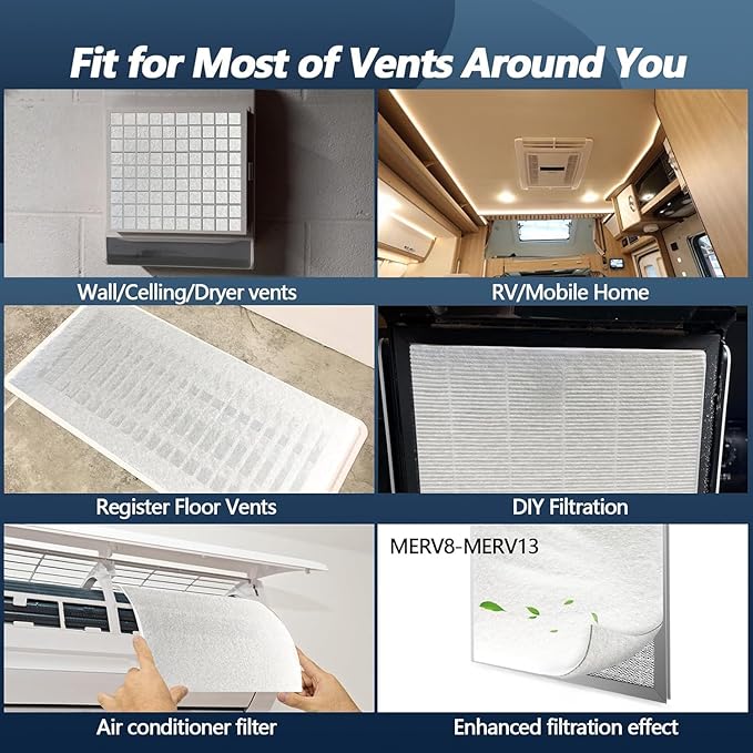Air Vent Filters,20"x140"Cut to Fit Air Filter Material (100+Filters),MERV 8 Electrostatic Air Vent Filter for Home Floor, Grilles, Ceiling, HVAC Furnace Vents, With 48PCs Adhesive Hook Tape