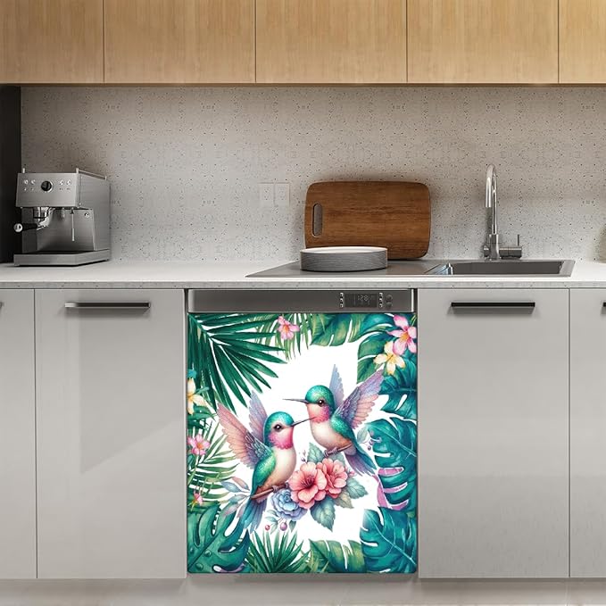 Summer Palm Leaf Bird Dishwasher Magnet Cover Summer Palm Leaf Bird Front Dishwasher Cover Decoration Reusable Magnetic Door Cover Panel Decal Home Appliances Stickers Kitchen Refrigerator 23"X26"
