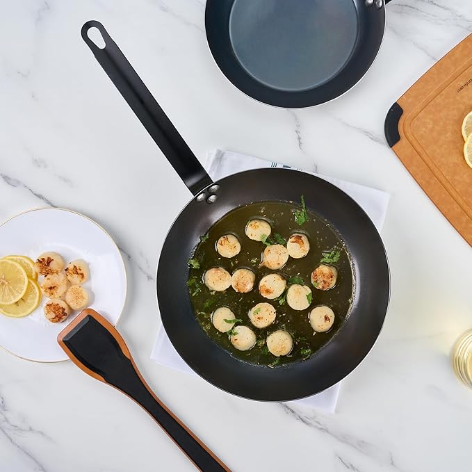 Met Lux 11 Inch Fry Pan, 1 Lightweight Frying Pan - Induction-Ready, Triple-Riveted, Black Carbon Steel Cooking Skillet, Durable, For Searing, Sauteing, And Browning Food - Restaurantware