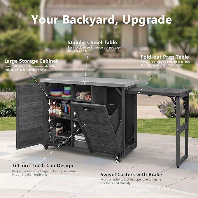 78.3" Outdoor Kitchen Island with Foldable Grill Table - Wooden Grill Cart with Stainless Steel Top, Trash Can Storage and Adjustable Shelves