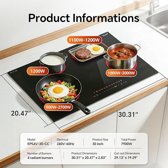 Ranein Electric Cooktop with 4 Burners, 30 inch 7900W 240V Ceramic Panel Electric Cooktop, Multiple Safety Protections Stove, Touch Screen