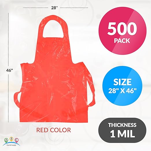 ABC PACK & SUPPLY Red Plastic Disposable Aprons Adults for Painting, 28 x 46 Inches. Pack of 500 Disposable Plastic Aprons, 1 Mil. Unisex Waterproof Polyethylene Painting Apron for Food Industry