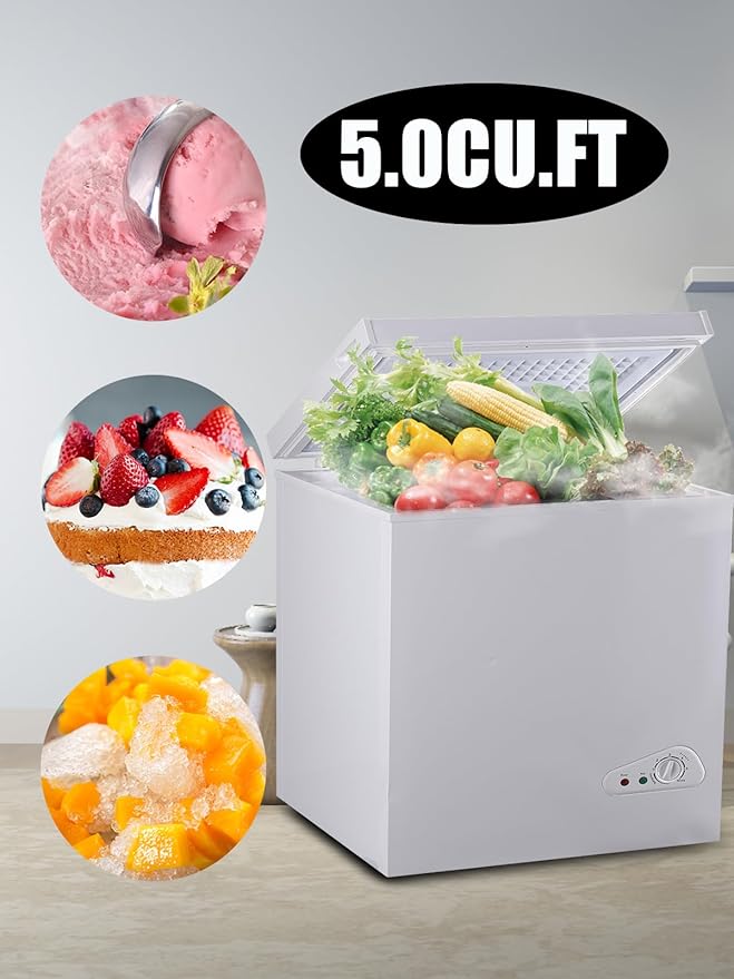 5.0 Cu.Ft Chest Freezer with 7 Gears Temperature Control(-16°F to -48°F), Deep Compact Freezer with a Removable Basket,for House, Kitchen, Garage, Basement, Shop, White, FLG-86Q