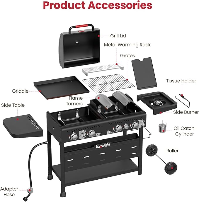Propane Gas Griddle Grill Combo with Side Burner, Non-Stick Porcelain-Enameled Cast Iron Grate & Pan, 5 Burners Dual BBQ Grills, 702 SQ.IN Cooking Area, Heavy-Duty Stand for Backyard