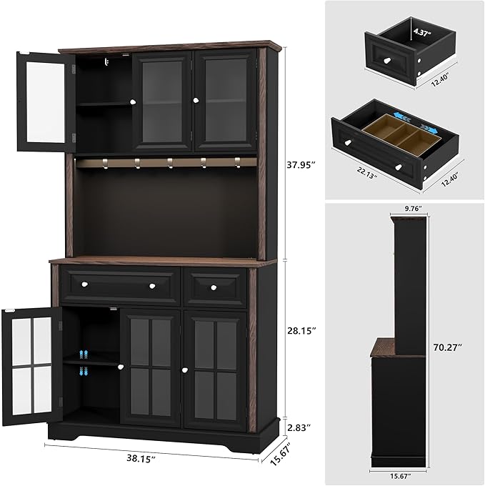 70" Kitchen Pantry Cabinet with Power Outlet| LED Lights, 38" W Kitchen Hutch Storage Cabinet with Countertop, Tall Kitchens Hutch Cabinets for Home Dining Living Room, Black