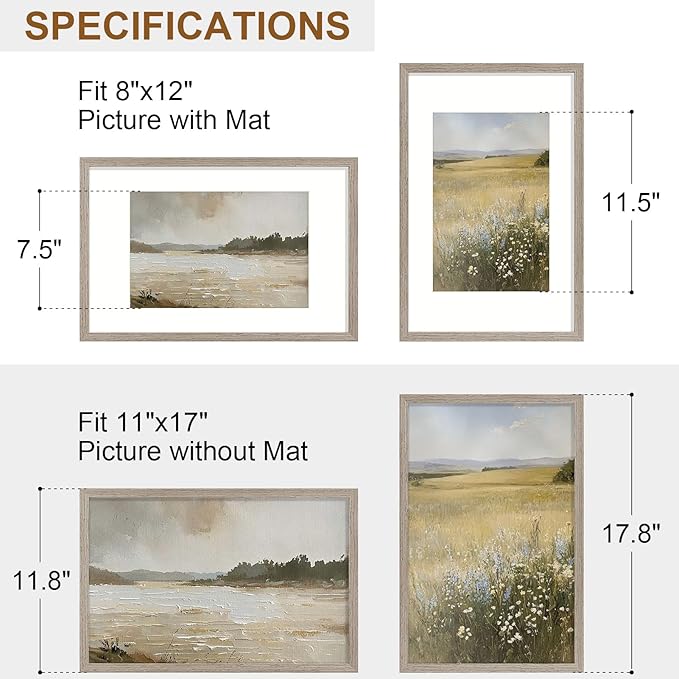 Vittanly 11x17 Picture Frame Set of 2, Solid Wood Frame for Wall Art Photo and Prints, Display Photo 8x12 with Mat or 11x17 without Mat, Light Brown
