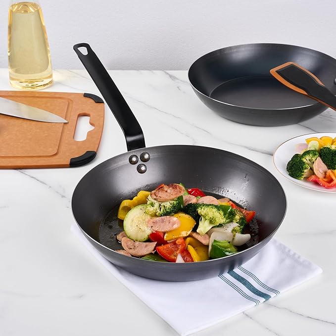 Met Lux 12 Inch Fry Pans, 6 Lightweight Frying Pans - Induction-Ready, Triple-Riveted, Black Carbon Steel Cooking Skillets, Durable, For Searing, Sauteing, And Browning Food - Restaurantware