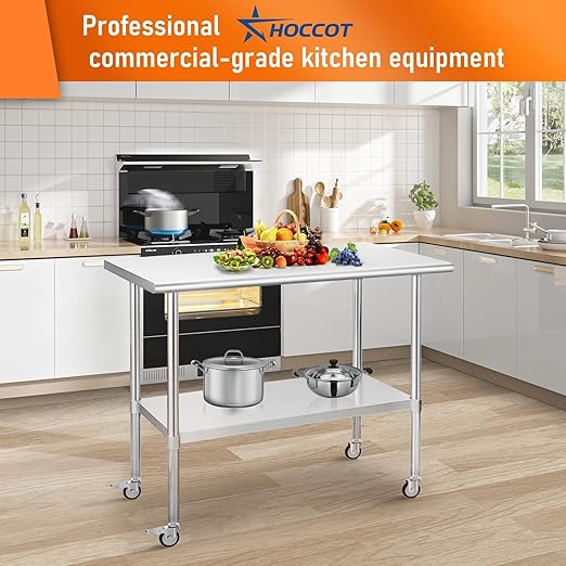 Stainless Steel Table with Wheels 24" x 48" Utility Worktable with Adjustable Undershelf for Commercial Kitchen, Garage, Restaurant