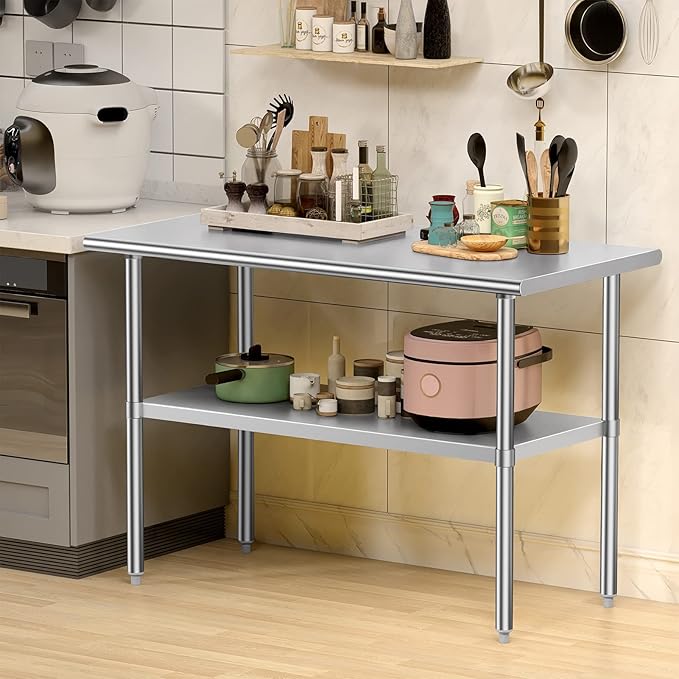 Stainless Steel Table for Prep & Work, 24x48 Inches, NSF Metal Commercial Heavy Duty Table with Adjustable Under Shelf and Foot for Restaurant, Home and Hotel