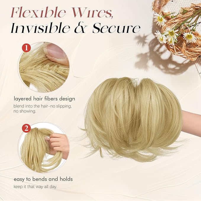SOFEIYAN Claw Clip Short Ponytail Extension DIY Bendable Wires Hair Bun Fluffy Fake Hair Piece Straight Synthetic Hair Ponytail Extensions for Wonen - Light Blonde with Platinum Tips