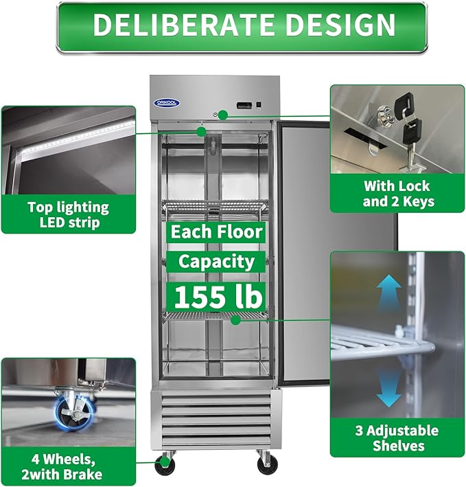 mikibama 27"W Commercial Refrigerator with Single Solid Door 23 Cu.ft Reach-In Refrigerators Stainless Steel ETL Approved Upright Fridge Storage for Restaurant,Temp Control 34℉~40℉, LED Light