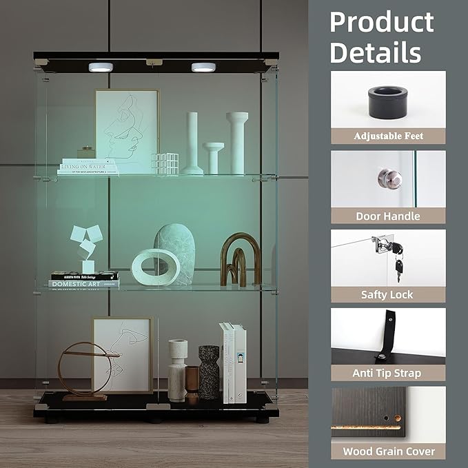 Glass Display Cabinet with LED, 3 Shelves with 2 Doors, Curio Storage Cabinets with Lock for Living Room, Office, Floor Standing Glass Bookshelf, Quick Installation - Black