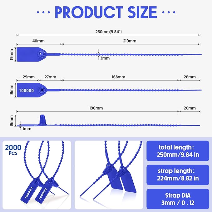 Roowest 2000 Pcs Plastic Tamper Seals Security Tags Seals Safety Numbered Zip Ties Fire Extinguisher Tamper Tags Disposable Self Locking Signage 250 mm Length(Blue)